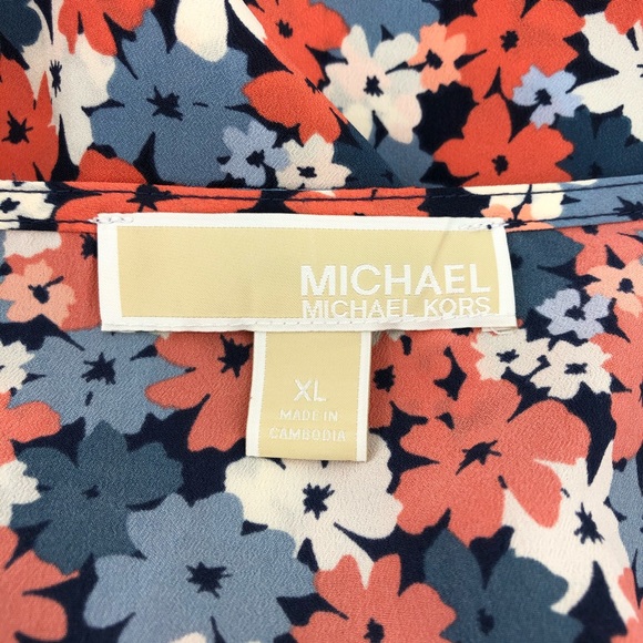 Michael Kors Blue Red Floral Print Cap Sleeve Top - Picture 5 of 7